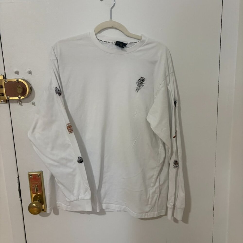 Percival Heavyweight Long Sleeve T Shirt with Spaceman Embroidery - White L